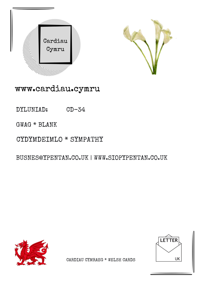 Cefn cerdyn Cardiau.Cymru â’r cod CD-34 a’r nodyn Gwag tu mewn