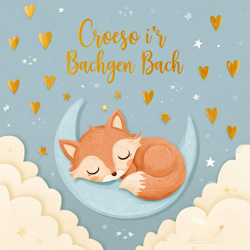 Croeso i’r Bachgen Bach — Llwynog a lleuad / Welsh card featuring a little fox sleeping on a crescent moon among clouds and stars