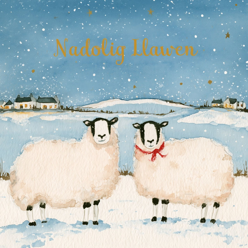 Nadolig Llawen — Defaid / Welsh card featuring two sheep in a snowy landscape