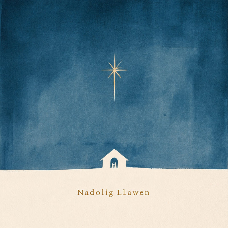 Nadolig Llawen — Seren a stabl / Welsh card featuring a gold star above a stable against a blue sky