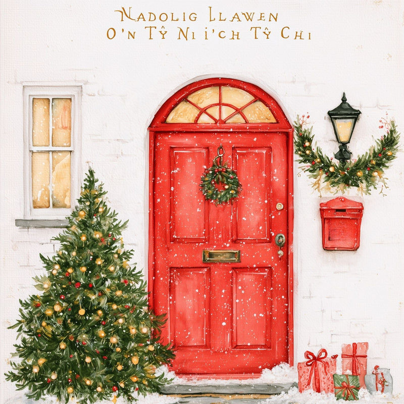 Nadolig Llawen o’n Tŷ Ni i’ch Tŷ Chi — Drws coch / Welsh card featuring a red door, wreath and Christmas tree