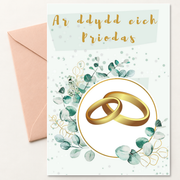 PRIODAS-05 Ar Ddydd Eich Priodas wedding rings card with peach envelope