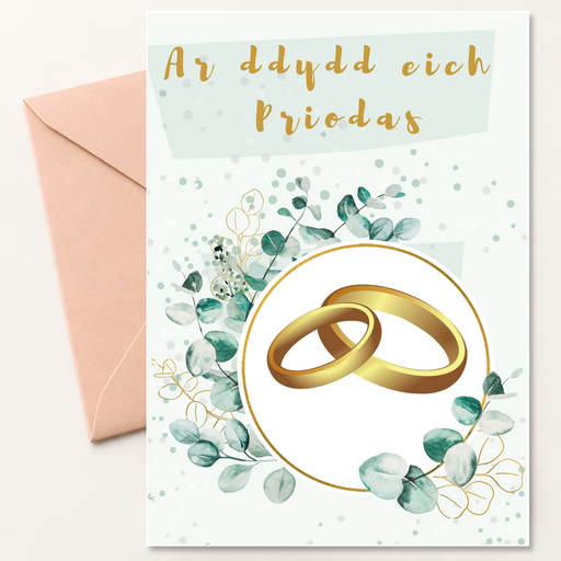 PRIODAS-05 Ar Ddydd Eich Priodas wedding rings card with peach envelope