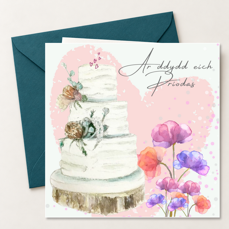 PRIODAS-06 Ar Ddydd Eich Priodas wedding cake card with deep teal envelope