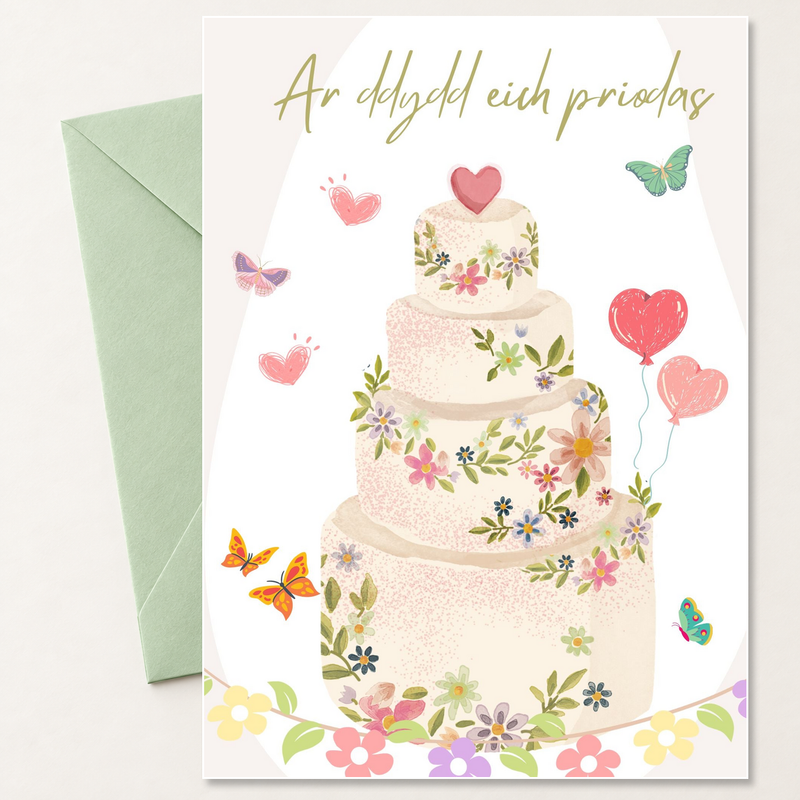 PRIODAS-07 Ar Ddydd Eich Priodas wedding cake card with mint envelope