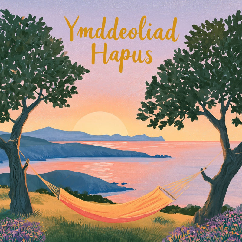 Ymddeoliad Hapus — Hamog wrth fachlud haul / Welsh card featuring a hammock between two trees overlooking a bay at sunset