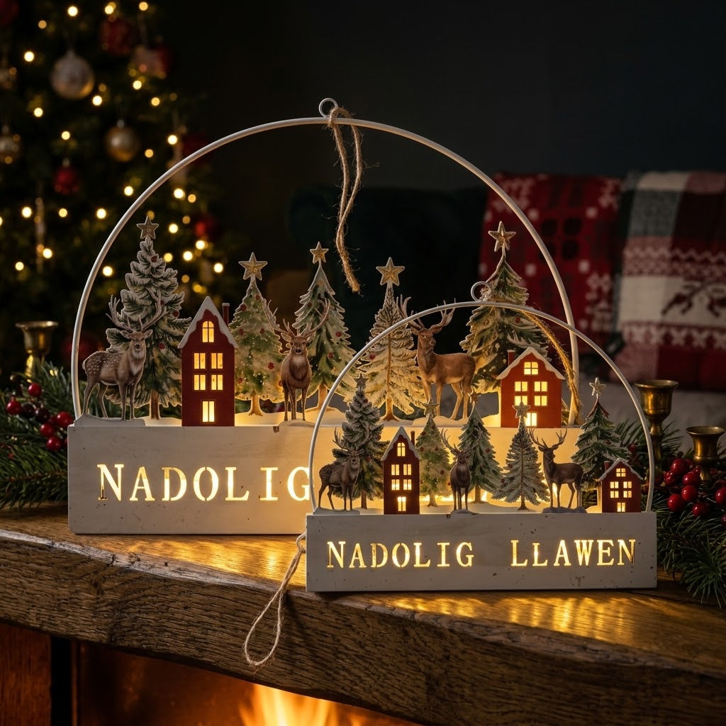 Golygfeydd Nadolig Llawen gyda thai a cheirw gan Cardiau.Cymru | Cardiau.Cymru Christmas scenes with houses and deer