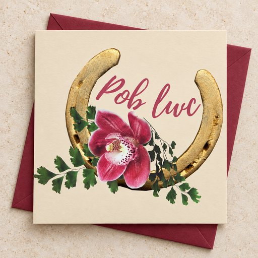 Cerdyn Pob Lwc gyda phedol a blodau pinc, yn wastad gydag amlen fyrgwnd / Welsh good luck card with horseshoe and pink flowers lying flat with a burgundy envelope.