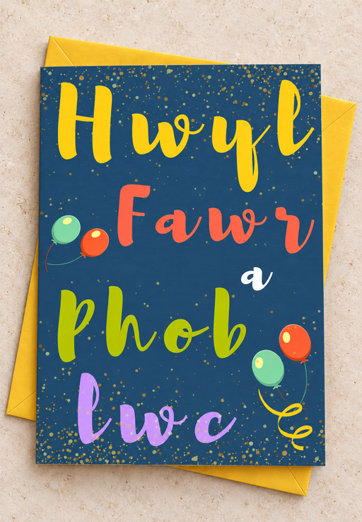 Cerdyn Hwyl Fawr a Phob Lwc gyda balwnau, yn wastad gydag amlen felen / Welsh leaving and good luck card lying flat with a yellow envelope