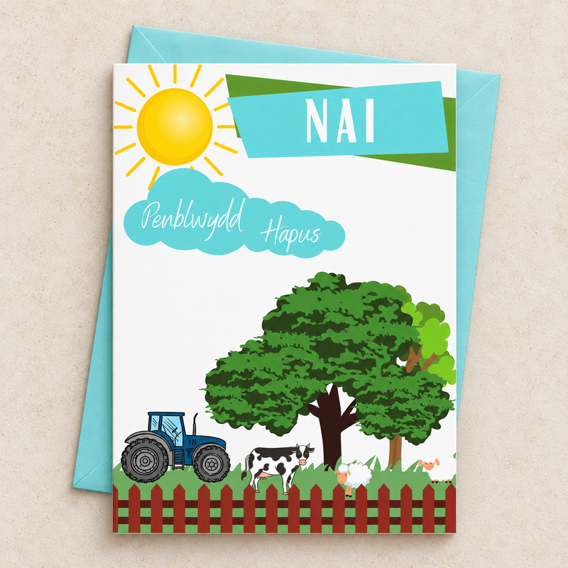 Cerdyn Penblwydd Hapus Nai gyda thractor glas a fferm, yn wastad gydag amlen laswyrdd / Welsh nephew birthday farm card lying flat with a turquoise envelope.