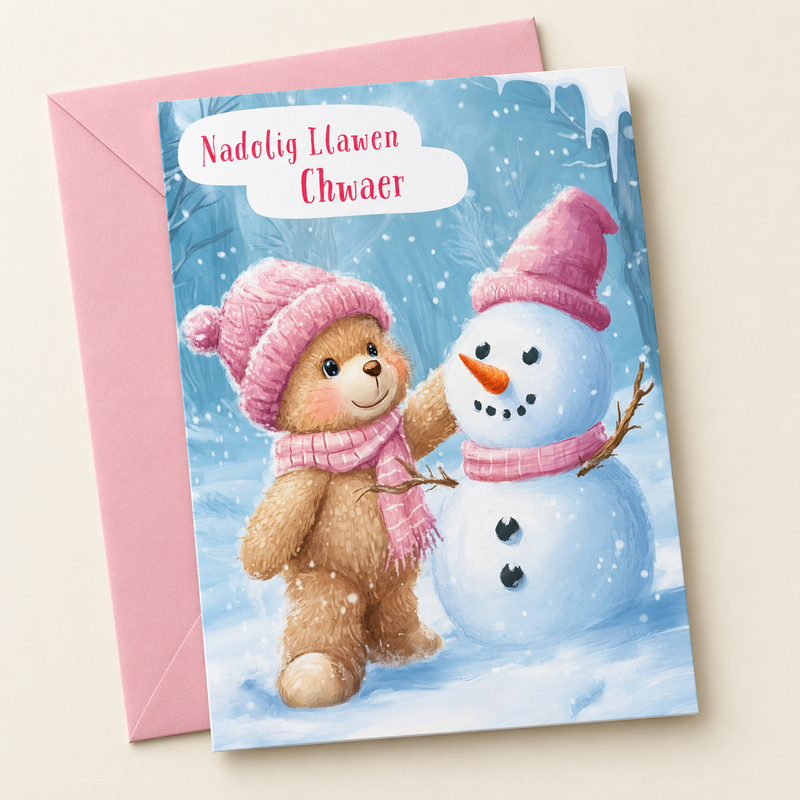 Cerdyn Nadolig Chwaer – Tedi / Welsh Christmas card with a teddy and a snowman in pink hats, lying flat beside a soft pink envelope.