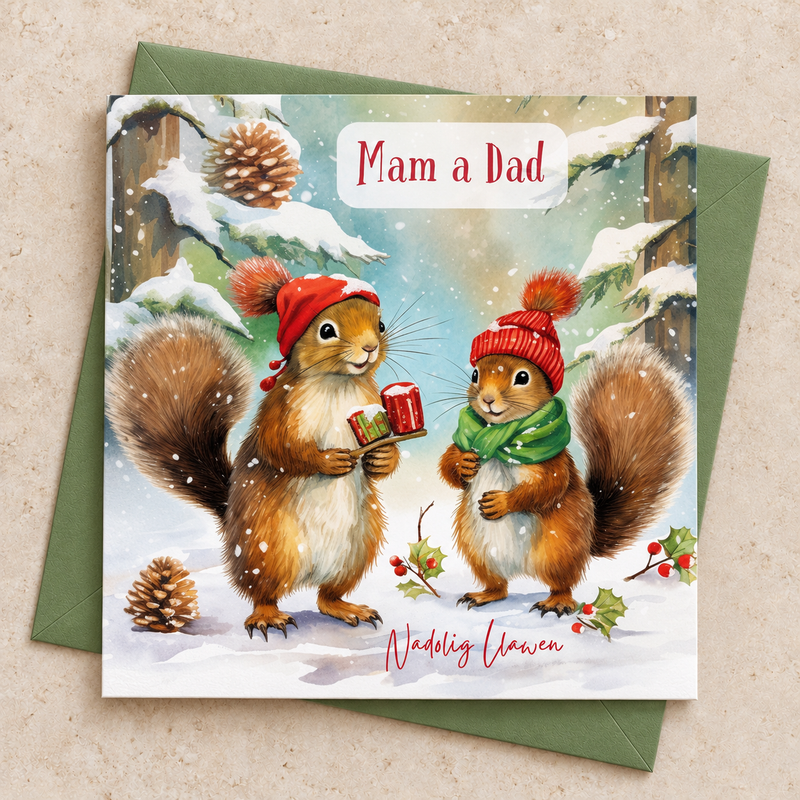 Cerdyn Nadolig Llawen Mam a Dad gyda dwy wiwer gydag anrhegion yn yr eira, yn wastad gydag amlen werdd / Welsh Christmas card lying flat with a green envelope
