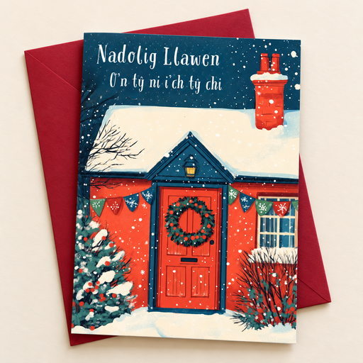 Cerdyn Nadolig O’n Tŷ Ni i’ch Tŷ Chi – Bwthyn / Welsh Christmas card with a colourful cottage with a red door in the snow, lying flat beside a deep red envelope.