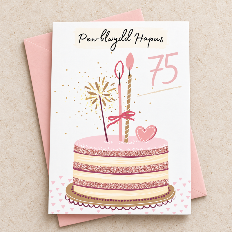Cerdyn Pen-blwydd Hapus 75 gyda chacen binc, yn wastad gydag amlen binc / Welsh birthday card lying flat with a pink envelope