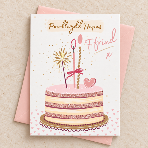 Cerdyn Pen-blwydd Hapus Ffrind gyda chacen binc, yn wastad gydag amlen binc / Welsh birthday card lying flat with a pink envelope