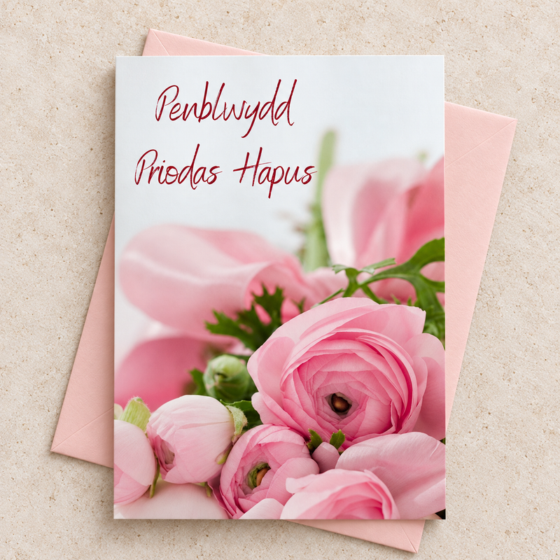 Cerdyn Penblwydd Priodas Hapus gyda blodau pinc, yn wastad gydag amlen binc golau / Welsh anniversary card with pink flowers lying flat with a pale pink envelope.