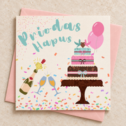 Cerdyn Priodas Hapus gyda chacen a balŵns, yn wastad gydag amlen binc golau / Welsh wedding card with cake and balloons lying flat with a pale pink envelope.