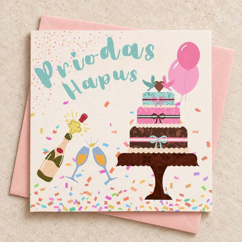 Cerdyn Priodas Hapus gyda chacen a balŵns, yn wastad gydag amlen binc golau / Welsh wedding card with cake and balloons lying flat with a pale pink envelope.