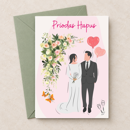 Cerdyn Priodas Hapus gyda phâr priodasol, blodau a balŵns, yn wastad gydag amlen werdd / Welsh wedding card shown flat with a green envelope.