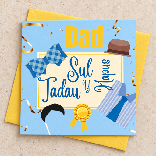 Cerdyn Sul y Tadau Hapus Dad gyda het, tei bwa a medal, yn wastad gydag amlen felen / Welsh Father’s Day card lying flat with a yellow envelope