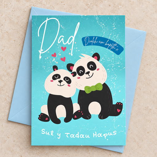 Cerdyn Sul y Tadau Hapus Dad gyda dau banda, yn wastad gydag amlen las golau / Welsh Father’s Day card lying flat with a pale blue envelope