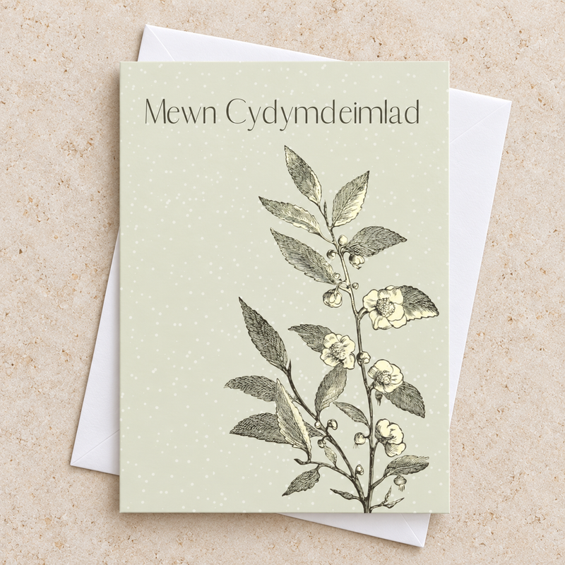 Cerdyn “Mewn Cydymdeimlad” gyda changen werdd ac amlen wen / Welsh sympathy card with a green botanical branch, shown flat with a white envelope.